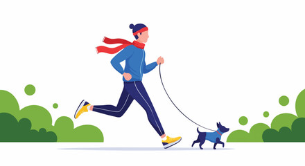 Fototapeta premium Active Man Jogging with Pet Dog Outdoors Healthy Lifestyle Flat Vector Illustration