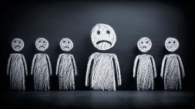 Group of sad people under social conformity pressure with one larger figure feeling overwhelmed standing out in a crowd with frowns on their faces in a dark background