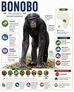 Bonobo overview featuring habitat, diet, and unique traits in the Democratic Republic of the Congo