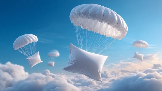 White pillows float down with parachutes