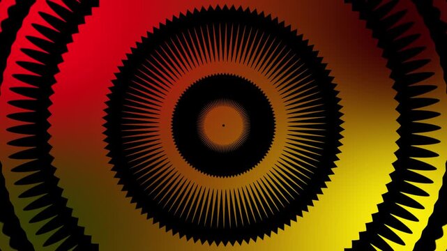Abstract radial pattern with vibrant yellow and red gradient and intricate concentric circles creating a psychedelic effect