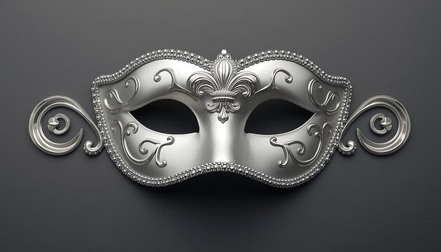 Silver masquerade mask with ornate floral details against a dark gray background