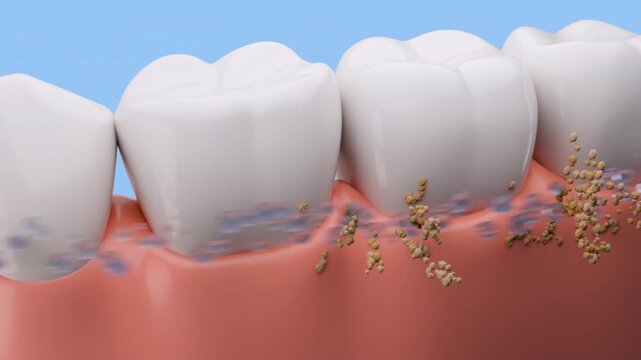 Concept health. Plenty bubbles fall down to help clean stains and bacteria that are clinging to teeth over a light blue background. Video for toothpaste products advertising. 3D render