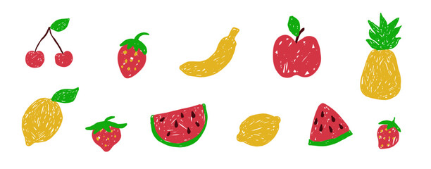 Fruit icons chalk hand drawn doodle set childlike cherry, strawberry crayon texture. Scribble apple, watermelon and lemon grunge simple fruits. Pop art funky cute for children drawing style elements