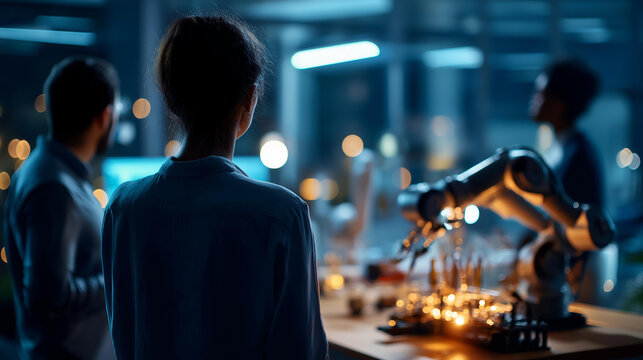 Cinematic wide back view of silhouetted engineers in a bright softly defocused high tech innovation lab collaborating around a robotic prosthetic arm prototype on a workbench