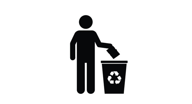 Silhouette of a person discarding waste into a recycling bin with a white background