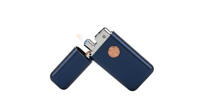 Blue electric lighter with flame isolated on transparent background