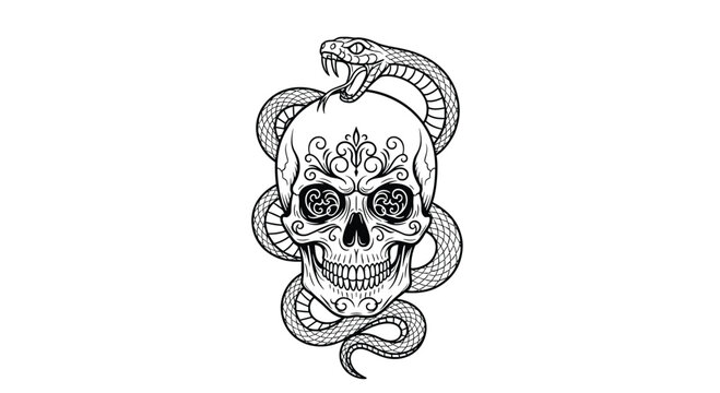 An ornate black and white line-art illustration features a serpent coiled around a human skull adorned with detailed filigree floral patterns against a white background.