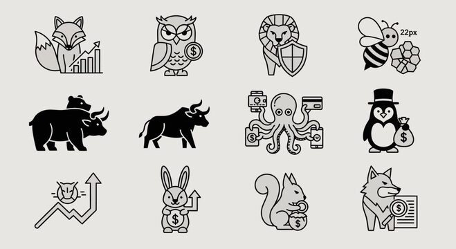 Collection of financial animal icons representing various market trends and investment strategies.