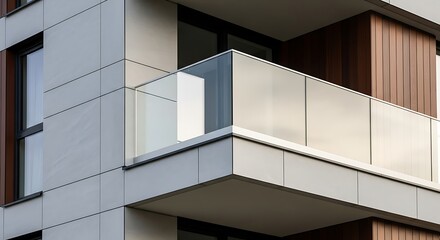 Fototapeta premium Modern apartment building exterior with glass balcony and wooden facade details