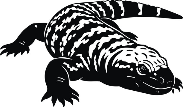 Detailed Black and White Silhouette Vector Illustration of a Gila Monster Lizard Featuring Characteristic Textured Skin Patterns Isolated on White