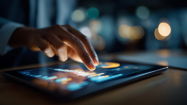 Close up macro of a single hand interacting with a bright digital tablet displaying glowing data charts and business analytics data analytics business intelligence professional