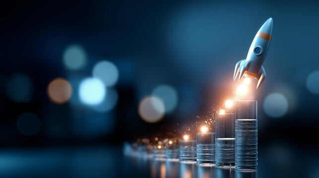 Floating hologram composition of a glowing business growth rocket trajectory with labeled milestones from research and funding through to market launch on a clean bright backdrop