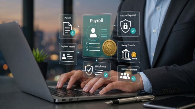 A business professional managing payroll and HR systems on a laptop
