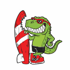 Obraz premium Green dinosaur with surfboard smiling.