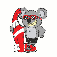 Koala wearing sunglasses holding surfboard. © Logo