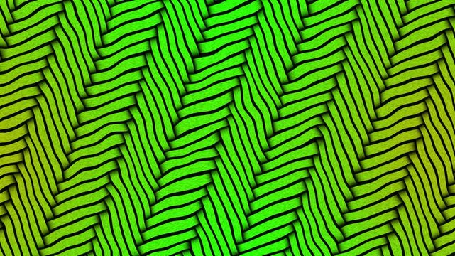 Abstract geometric pattern with green and yellow wavy lines creating a visually engaging and dynamic optical illusion