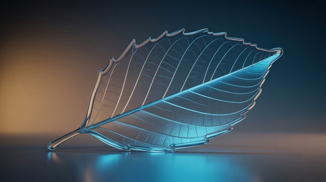 Digital illustration of a blue glowing leaf with intricate vein details