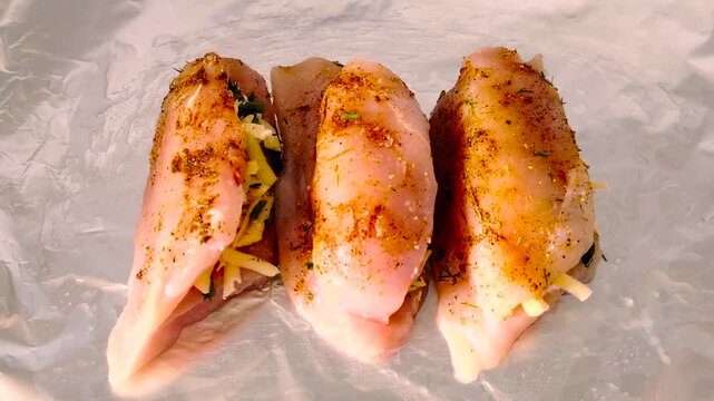 Raw chicken breast rolls stuffed with cheese and herbs seasoned with spices on foil.