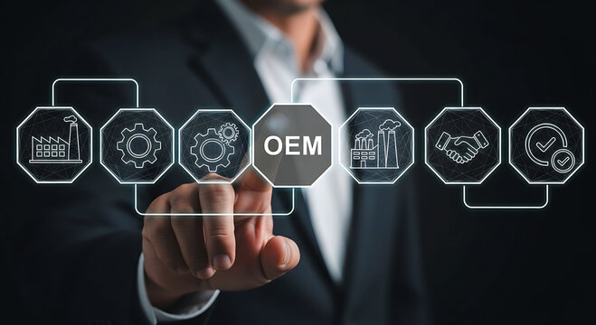 Businessman touching OEM icon for original equipment manufacturer manufacturing process
