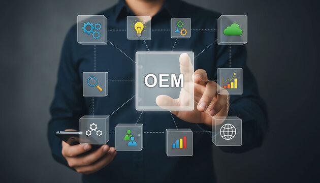 Businessman touching OEM icon on virtual screen for original equipment manufacturer
