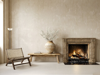 Obraz premium Classic loft beige interior with wood bench, vase, armchair, fireplace with fire and decor. 3d render illustration mockup.