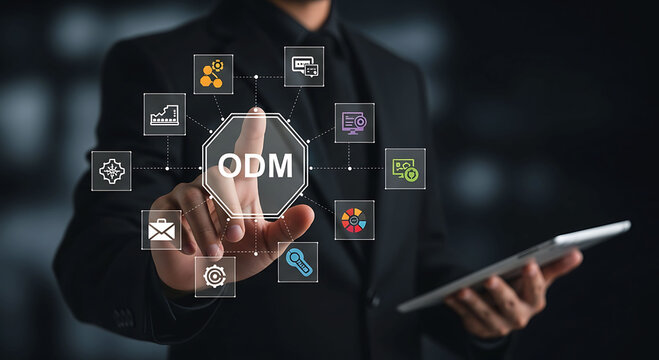 Businessman pointing at ODM original design manufacturer virtual interface icons