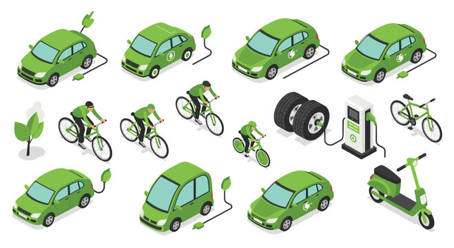 An isometric display of various green electric cars, bicycles, and scooters alongside charging stations and trees.