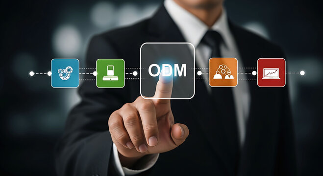 Businessman touching ODM icon for original design manufacturing and production