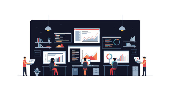 Individuals intently focus on multiple computer screens displaying financial charts and programming code in a dark, modern office.