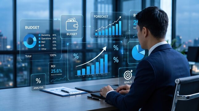 A businessman analyzing financial data on a futuristic screen.