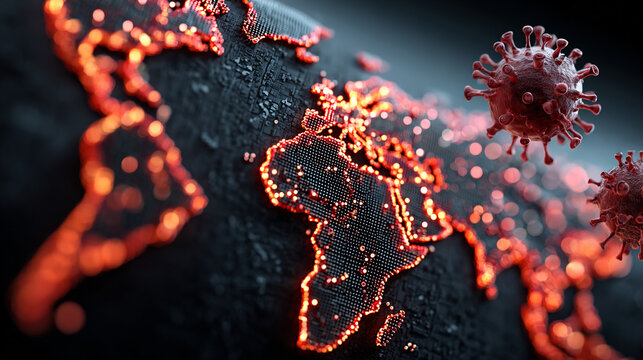 Global epidemic outbreak concept with 3d virus cells spreading across world map in dark background