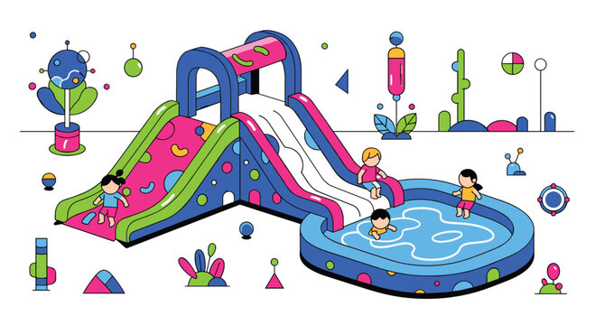 Children enjoy playing on a vibrant inflatable water slide with pool in a whimsical and colorful playground setting.