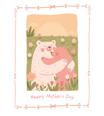 Mother's day card template with bear cub, tulips and pink decorative frame © Masha Ashma