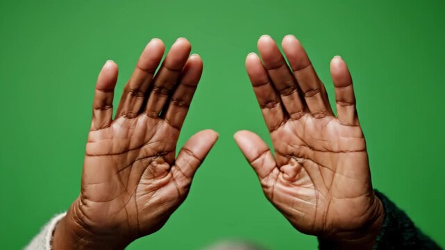 Detailed view of wrinkled hands moving against a green screen, ideal for various compositing projects.