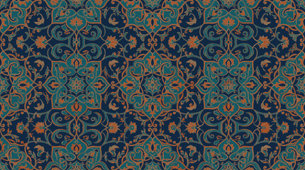 Fototapeta premium Intricate blue and gold Islamic geometric tile pattern with Persian ornamental motifs.