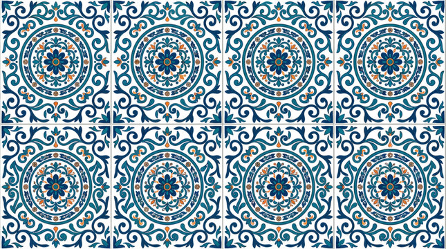 Blue and white ornamental ceramic tile pattern on a wall interior.