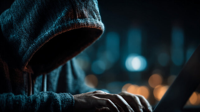 Person in hoodie typing on laptop at night with blurred background and bokeh lights conveying cybercrime and anonymity