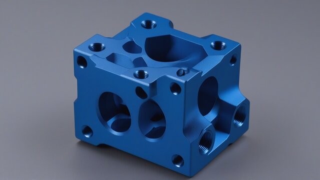 Industrial blue anodized aluminum manifold block with precision threaded ports and hex bolts