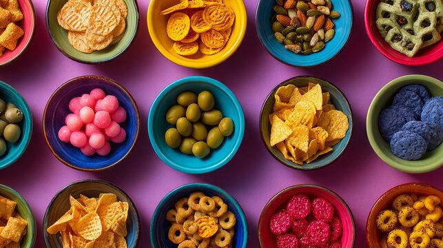 A vibrant display of colorful bowls filled with various snacks on a purple background