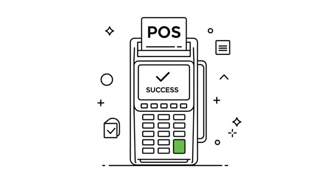 Modern POS terminal device is shown in a black and white line art illustration with a Success message and green button.