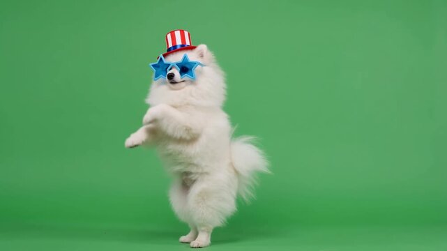 A white Pomeranian dog wearing an American uncle sam hat and star sunglasses dancing on two hind legs against a green screen to conceptualize USA Independence Day or 4th of July celebration.