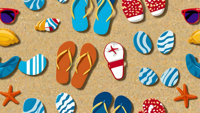 Beach vacation seamless pattern with sunglasses flip flops and shells