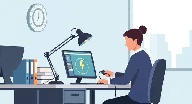 Flat vector illustration of a female office employee sitting at a desk and unplugging a power cord to conserve energy, featuring a computer monitor, desk lamp, and office supplies.