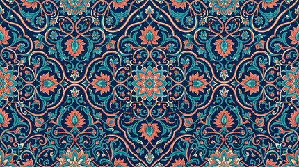Fototapeta premium Intricate traditional turquoise and coral floral tile pattern textile design.