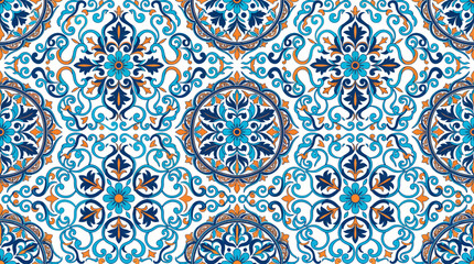 Seamless traditional blue Islamic ceramic tile pattern with intricate floral and geometric motifs. © pixel*