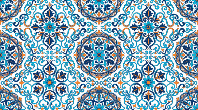 Seamless traditional blue Islamic ceramic tile pattern with intricate floral and geometric motifs.