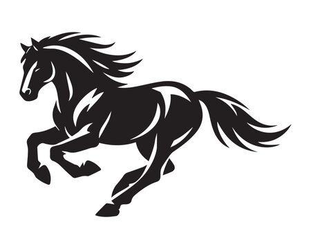 Galloping horse vector silhouette, powerful wild stallion running in profile, black equine mascot logo for sports and equestrian branding
