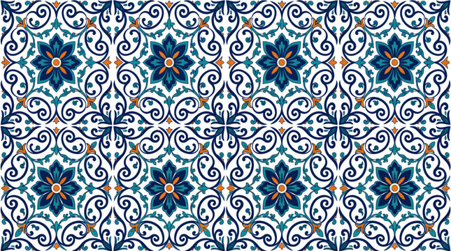 Ornamental blue ceramic tile pattern with floral arabesque motifs.