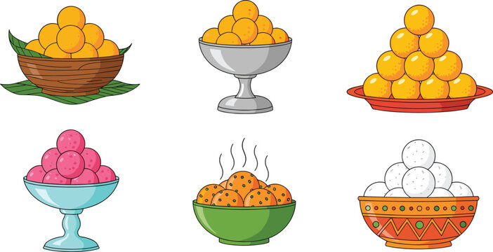 Colorful illustrated bowls and plates filled with traditional Indian ladoo sweets in diverse decorative arrangements